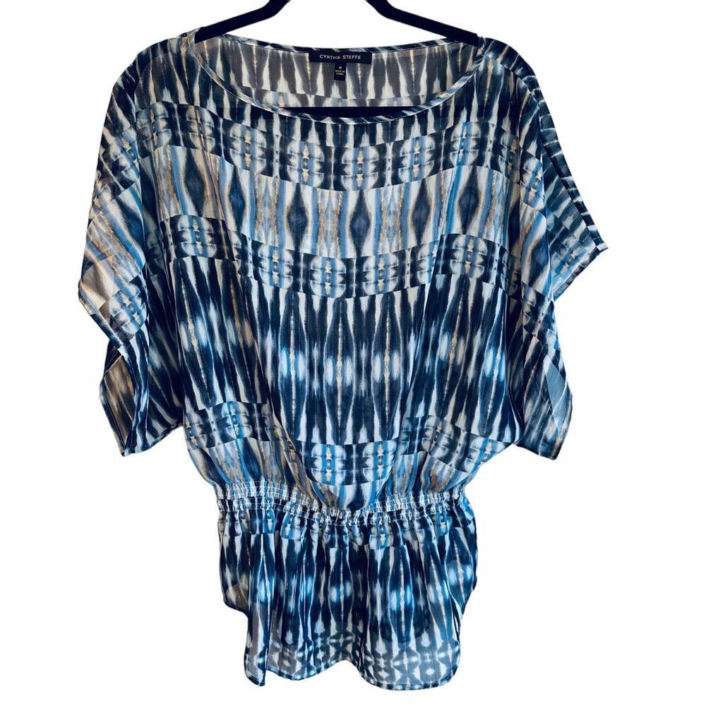 Cynthia Steffe Ikat Sheer Blue & White Patterned Top with Metallic Gold Thread